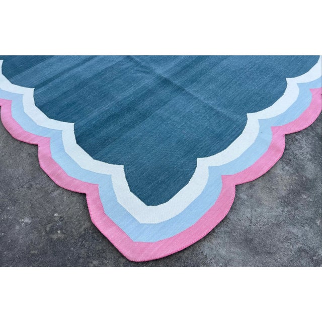 Not Yet Made - Made To Order Handmade Cotton 4 Sided Scalloped Rug Celadon Blue With Cream and Pink Border - 8'x10' For Sale - Image 5 of 10