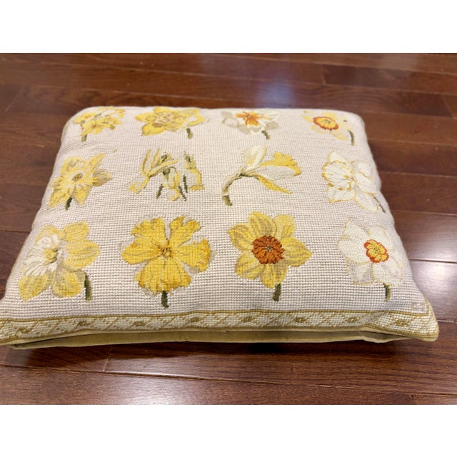English Vintage Chelsea Textiles Wool Needlepoint Pillow Daffodil Botanical Cushion For Sale - Image 3 of 5