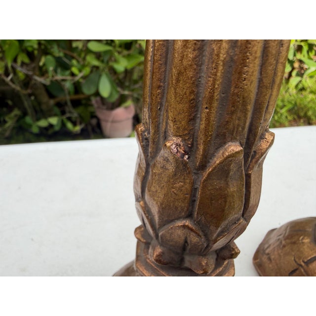 Vintage Tall Neoclassical Gilt Plaster Column Candlesticks, a Pair For Sale - Image 9 of 10