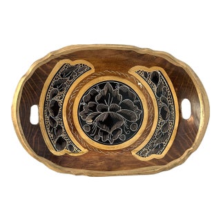 Midcentury Black & Gold Floral Mexican Batea Bowl For Sale