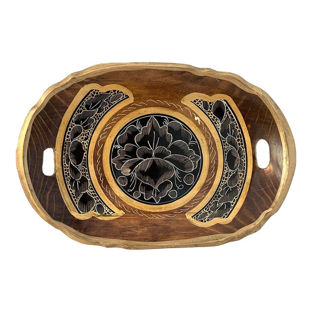 Midcentury Black & Gold Floral Mexican Batea Bowl For Sale