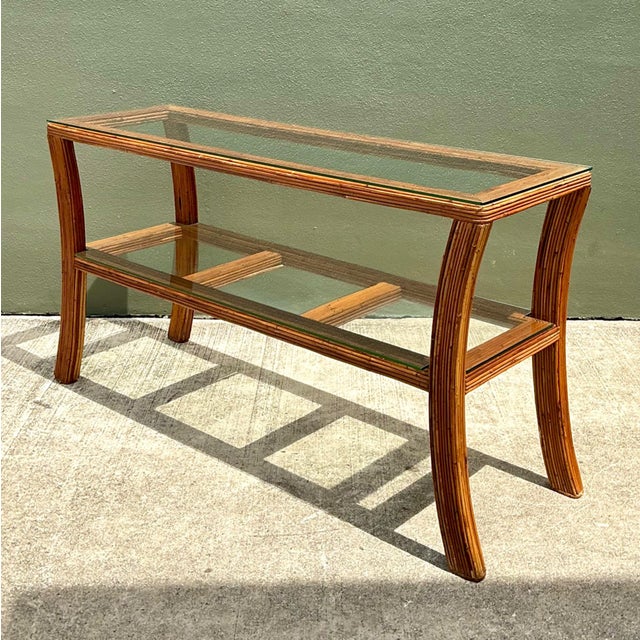 Wood Vintage Pencil Reed and Glass Console Table For Sale - Image 7 of 16