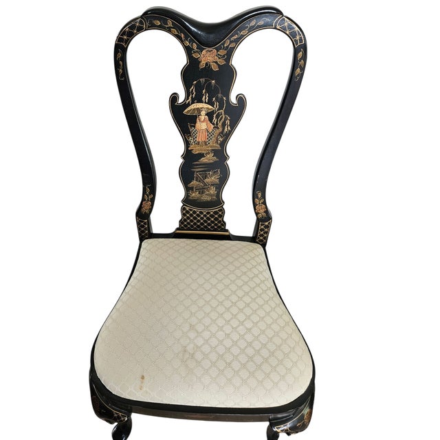 Vintage Custom Dining Room Side Chairs Chinoiserie Black Lacquer Pan Asian- a Pair For Sale In Philadelphia - Image 6 of 7