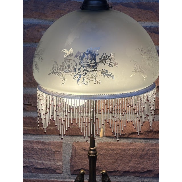 1960s Brass 2-Light Table Lamp with Bird Figurine and Beaded Glass Shade, 1960s For Sale - Image 5 of 13