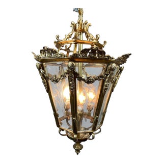 1970 French Louis XVI Gold Bronze Glass Lantern Chandelier For Sale
