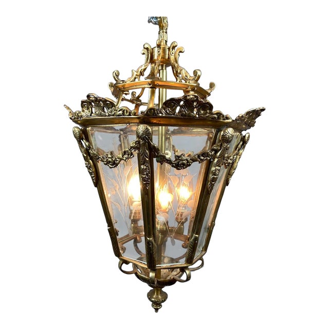 1970 French Louis XVI Gold Bronze Glass Lantern Chandelier For Sale