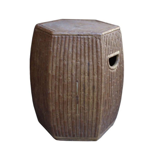 Chinese Hexagon Bamboo Theme Brown Ceramic Clay Garden Stool For Sale - Image 4 of 6