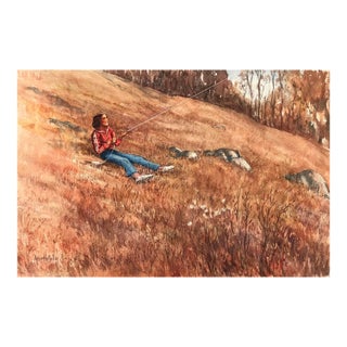 Allan Halladay Girl Flying Kite in a Landscape Watercolor For Sale