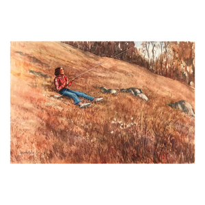 Allan Halladay Girl Flying Kite in a Landscape Watercolor