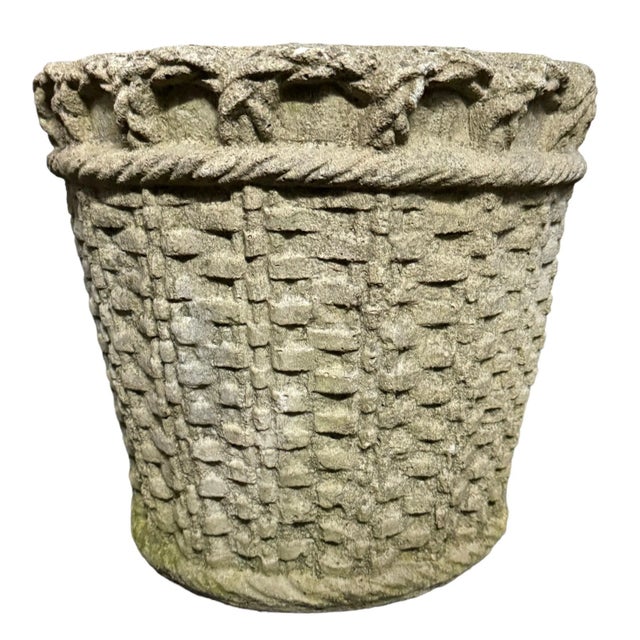 Mid 20th Century French Mid Century Cast Stone Woven Basket Planters - Set of 2 For Sale - Image 5 of 7