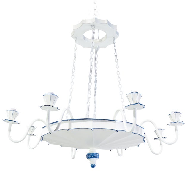 Vintage Handmade White and Blue Iron 8-Light Pendant Chandelier For Sale - Image 10 of 10