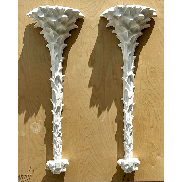 Vintage Coastal Cast White Plaster Palm Tree Wall Light Sconces - A Pair For Sale - Image 9 of 12