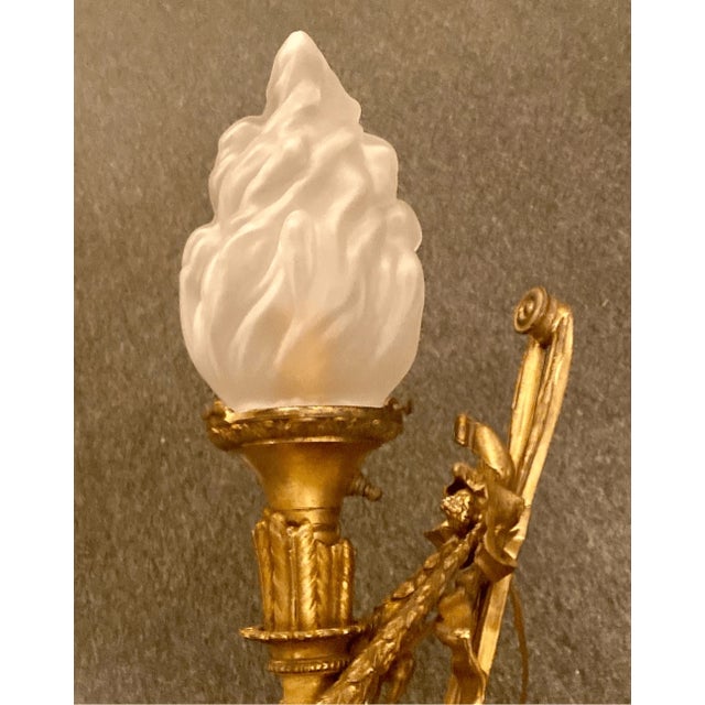 Mid 20th Century Maison Arlus Bronze Sconce Hand Holding Torch & Flame Glass Shade For Sale - Image 13 of 14