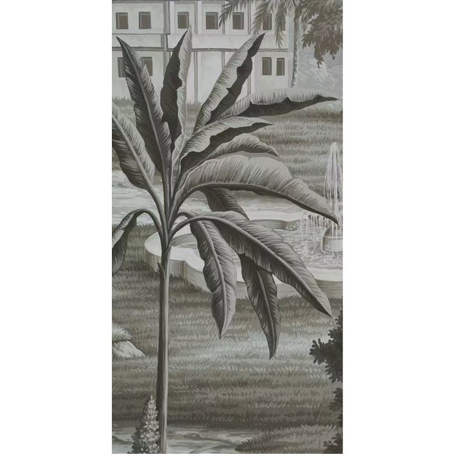 Chinoiserie 36" * H96" * 2ps, Hand-Painted Retro Grey Tone Manor Fountain Wall Mural, Vintage Chinoiserie Neoclassical Landscape Wall Cloth For Sale - Image 3 of 5