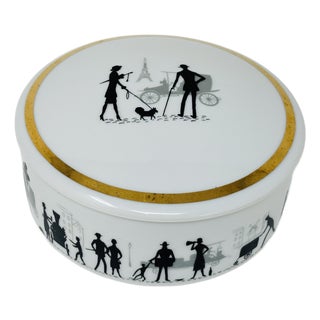 Vintage Limoges Porcelain Lidded Box Black White Parisian Silhouette 1980s For Sale