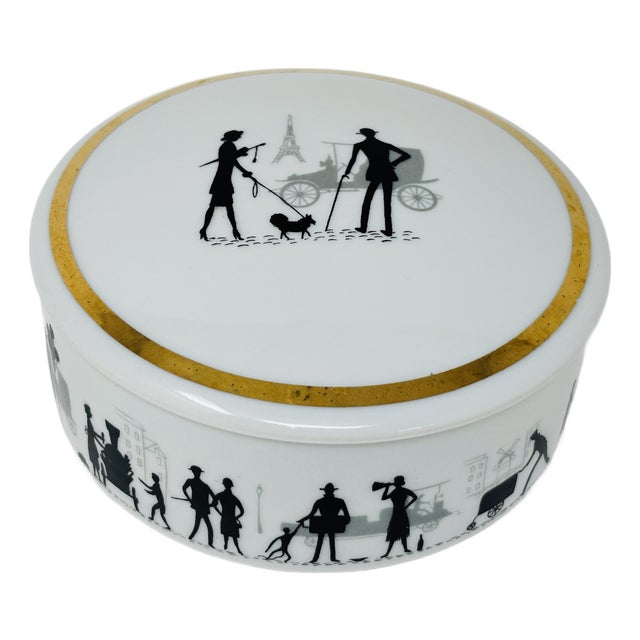 Vintage Limoges Porcelain Lidded Box Black White Parisian Silhouette 1980s For Sale