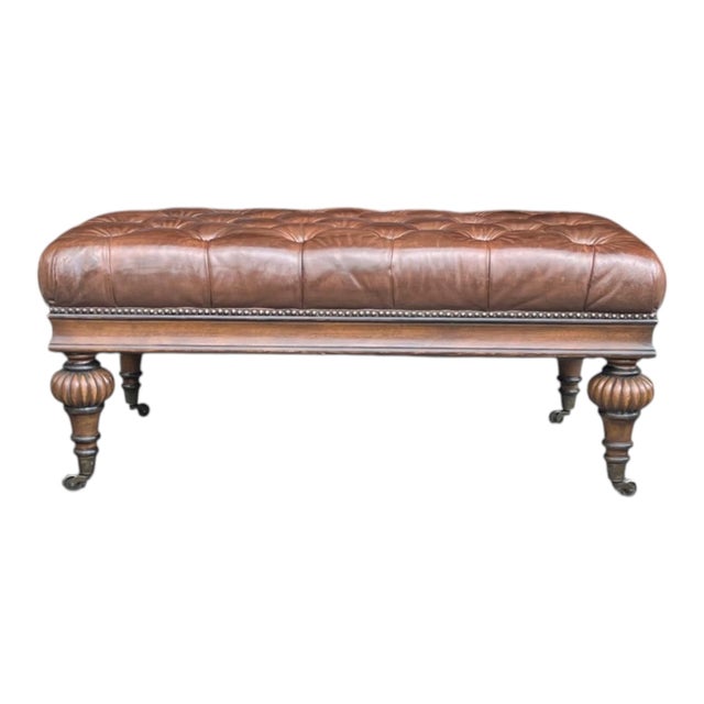 Vintage Tufted Brown Leather Ottoman Bench With Nailhead Trim & Carved Wood Legs on Casters For Sale In Los Angeles - Image 6 of 15