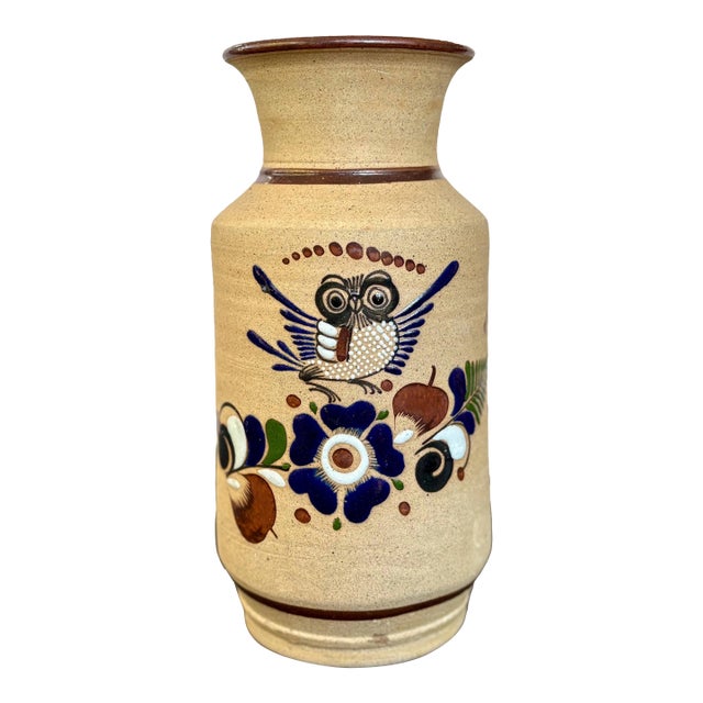 Vintage Tonala Mexico Pottery Vase, Mexican Folk Art Ceramic Hand Painted Owl Floral Sandstone. For Sale