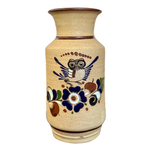 Vintage Tonala Mexico Pottery Vase, Mexican Folk Art Ceramic Hand Painted Owl Floral Sandstone.