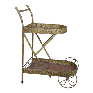 Vintage Boho Chic Metal & Woven Rattan Drink Bar Cart For Sale