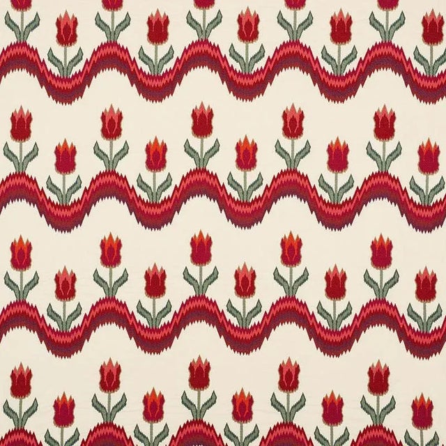 Farmhouse Sample - Schumacher Tulip Flamestitch Embroidery Fabric in Vermilion For Sale - Image 3 of 3