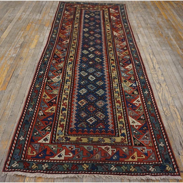 19th Century Caucasian Talish Carpet ( 3'8" x 9'4" - 112 x 285 ) Antique Kazak Hallway Runner Wool Blue Rug, Circa Date:...