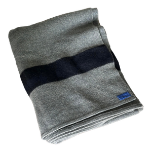 Mid-Century Pendleton Gray Wool Camp Blanket With Black Stripes