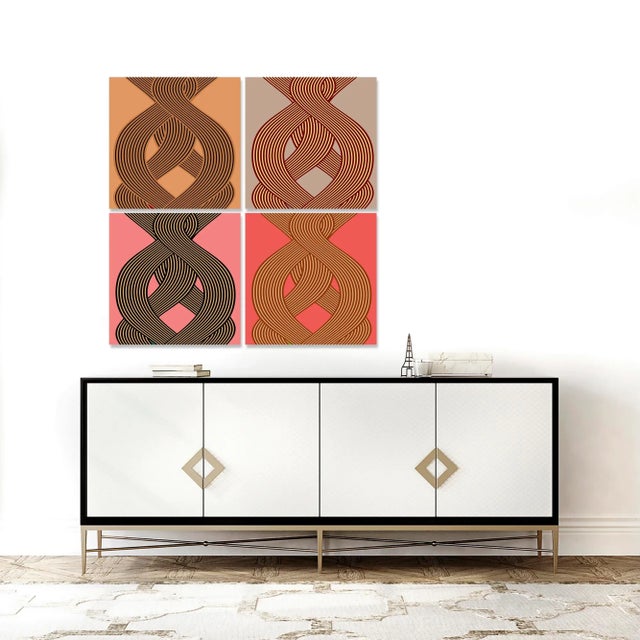 Contemporary and modern, "Intertwined" art series of 4 art prints have various shades of gold geometric design with...