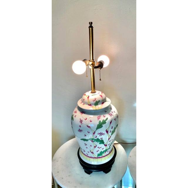 White Gigantic Mid Century Vintage Pink and Green Botanical Ginger Jar Lamp With New Shade For Sale - Image 8 of 13