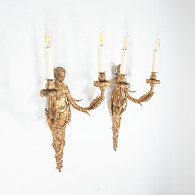 19th Century Large Pair of 19th Century French Empire Style Gilt Bronze Sconces Featuring Caryatids of Acantha For Sale - Image 5 of 12