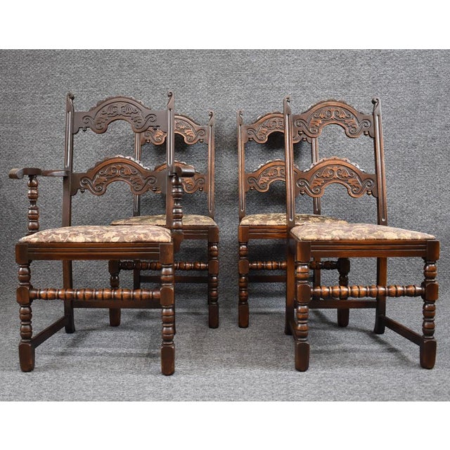 Vintage Jacobean Dining Chairs Solid Carved Dark Oak French Country