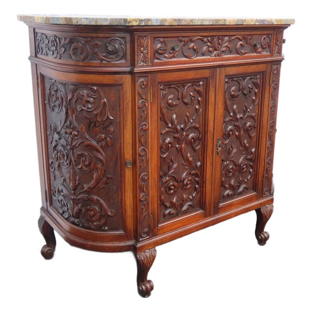 Early 1900s French Heavy Hand Carved Commode Marble Top Cabinet 6672 For Sale