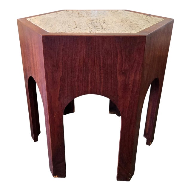 Vintage Wood and Travertine Side Table For Sale