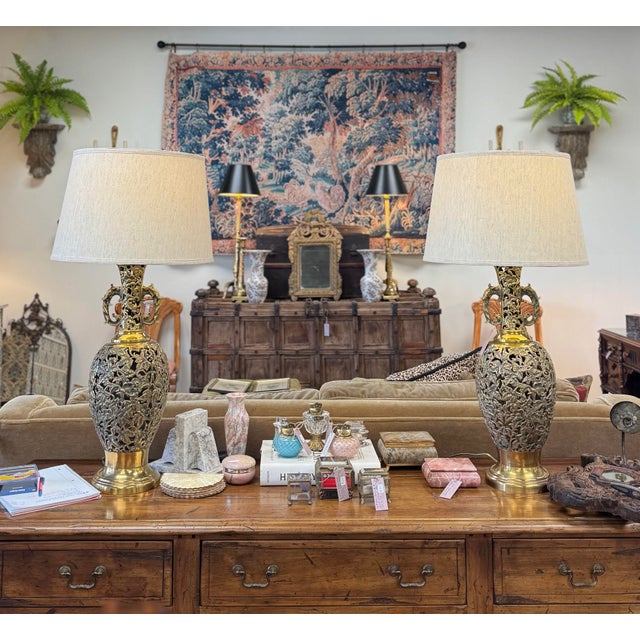 Vintage Reticulated Brass Filigree Table Lamps, Pair For Sale - Image 9 of 9