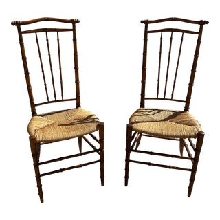 1970s Faux Bamboo High Back Rush Seats Dining Room Chairs- Set of 2 For Sale