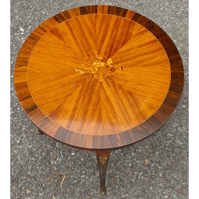 French Louis XV Style Gilt Floral Marquetry Tulipwood and Kingwood Gueridon Table For Sale - Image 3 of 10