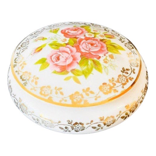 Vintage Gilt Porcelain Souvenir De Lourdes Trinket Box with Flowersfrom Limoges, 1970s For Sale
