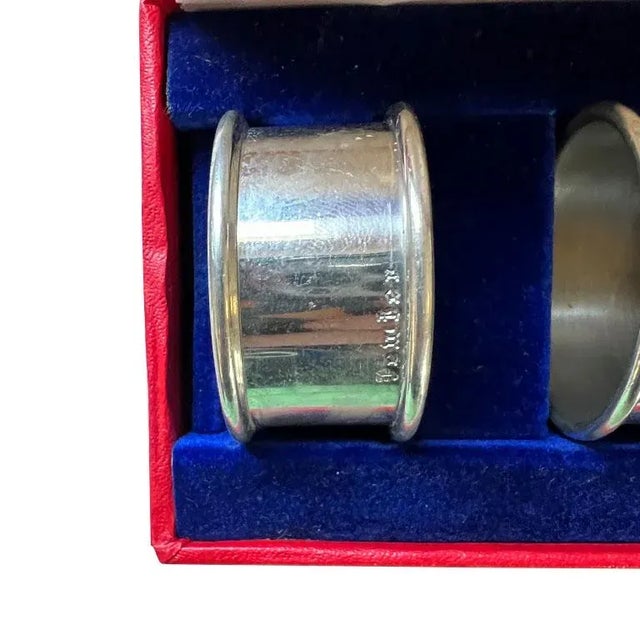 Mid-Century Modern Vintage Round Silver Pewter Napkin Rings in Red Boxes - Set of 12 For Sale - Image 3 of 5