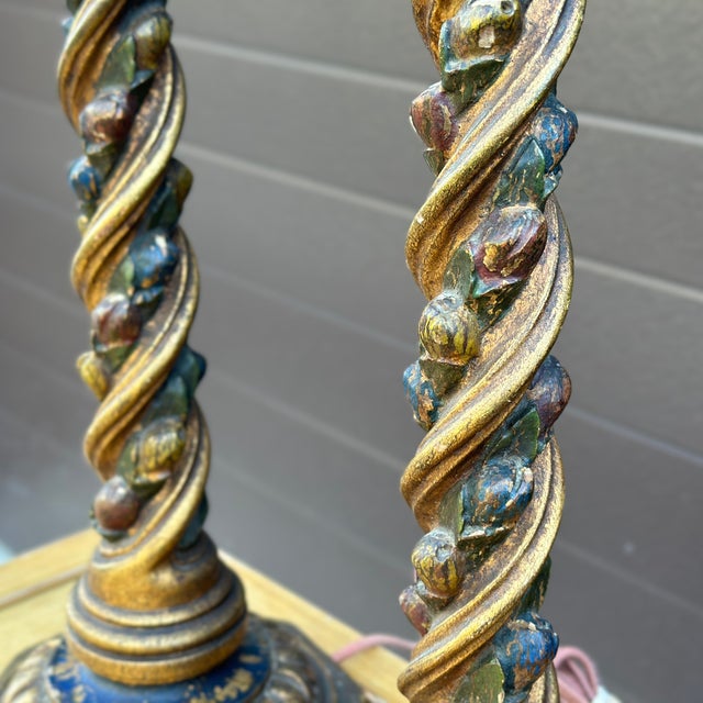 Antique Hand Carved Giltwood Barley Twist Table Lamps - a Pair For Sale - Image 4 of 12