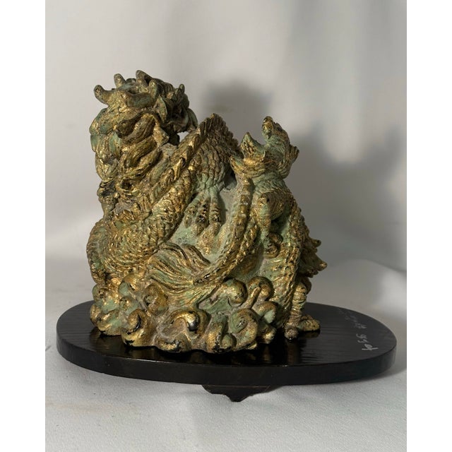 Japanese 1930s Imperial Japanese Lacquer Base With Verdigris Dragon Sculpture Set For Sale - Image 3 of 11