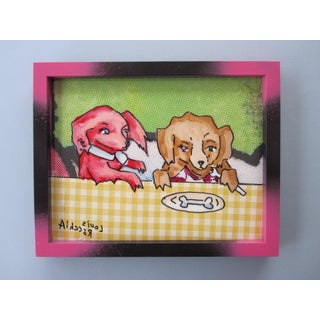 Puppy Love by Louis Recchia | Acrylic & Collage on Plexiglas Two cartoon dogs at a table with a bone. For Sale