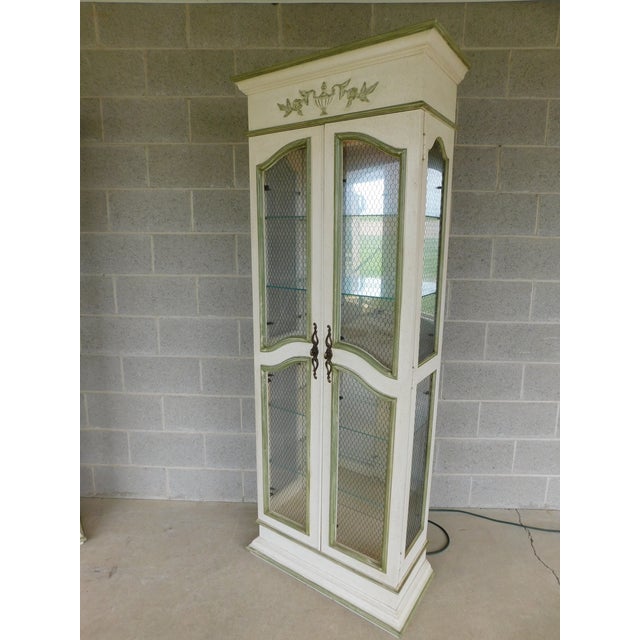 French Country Hekman French Country Style Alabaster Lime Green Lighted Curio Cabinets- A Pair For Sale - Image 3 of 18