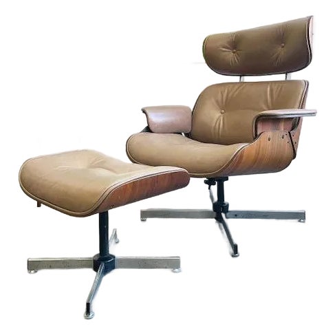 Vintage Leather Plycraft Lounger & Ottoman For Sale