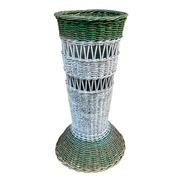 Antique Painted Wicker Umbrella Basket With Green and White Surface For Sale