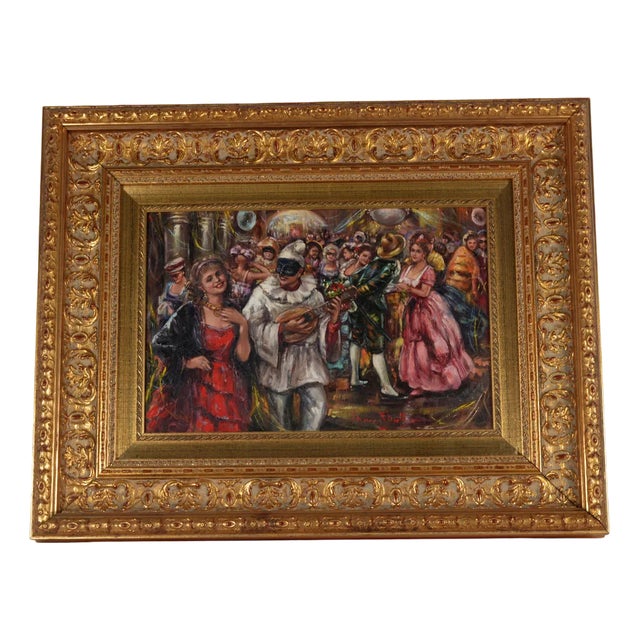 Franco Rispoli, At the Party with Pulcinella, 20th Century, Oil on Panel, Framed For Sale