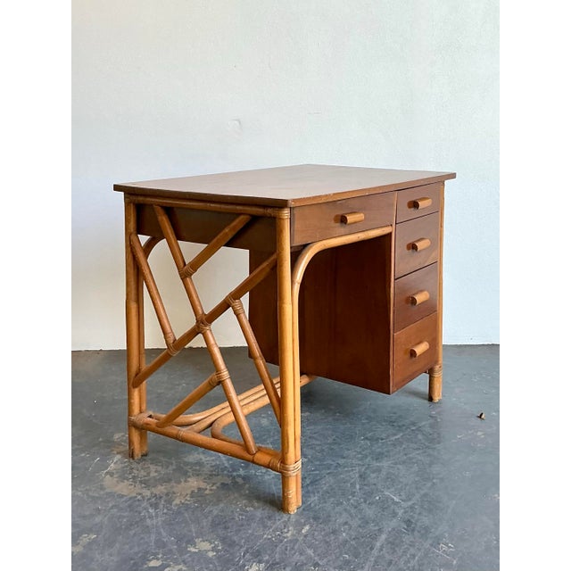 Brown Vintage Chinese Chippendale Bamboo Writing Desk For Sale - Image 8 of 12