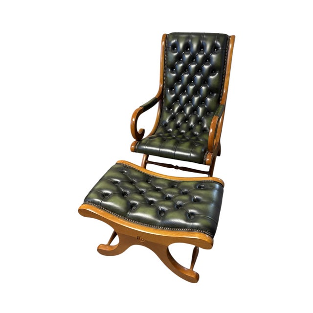 Wood Set of Mid-Century Modern Green Leather Armchair with Ottoman, 1960s For Sale - Image 7 of 7