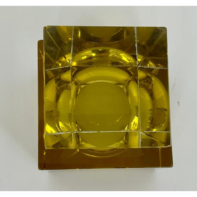 Unique Vintage Mid-Century Modern Citron Crystal Cube Pedestal Ashtray, clear crystal base, circa 1960’s