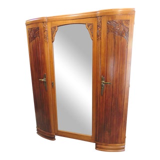French Art Deco Carved Walnut 3 Door Armoire For Sale