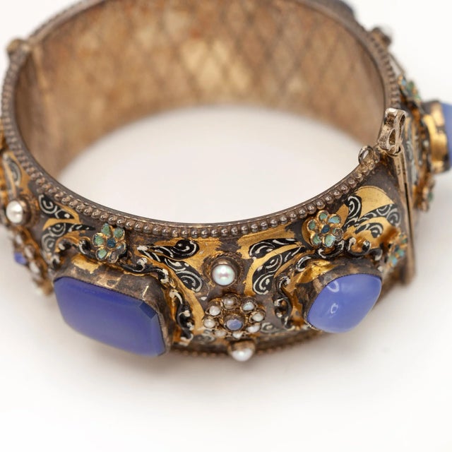 1900 - 1909 Antique Hungarian Silver Vermeil Enamel Chalcedony Seed Pearl Bangle For Sale - Image 10 of 10